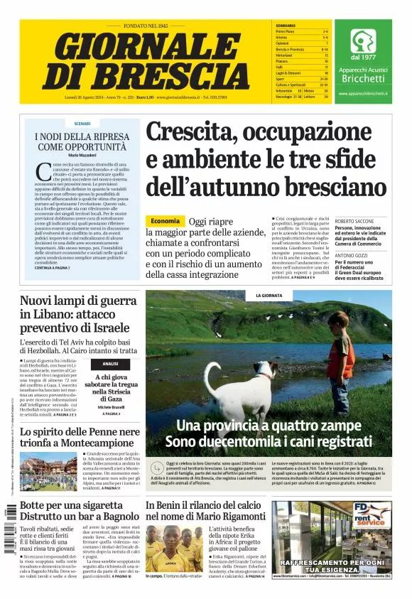 Prima-pagina-giornale di brescia-oggi-edizione-del-2024-08-26